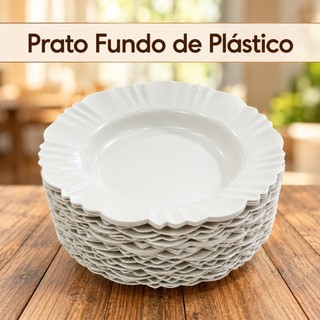 Kit Prato Fundo Plástico Branco 22 cm Borda Pétala Reutilizável Jogo de Pratos Sopa Festa Jantar