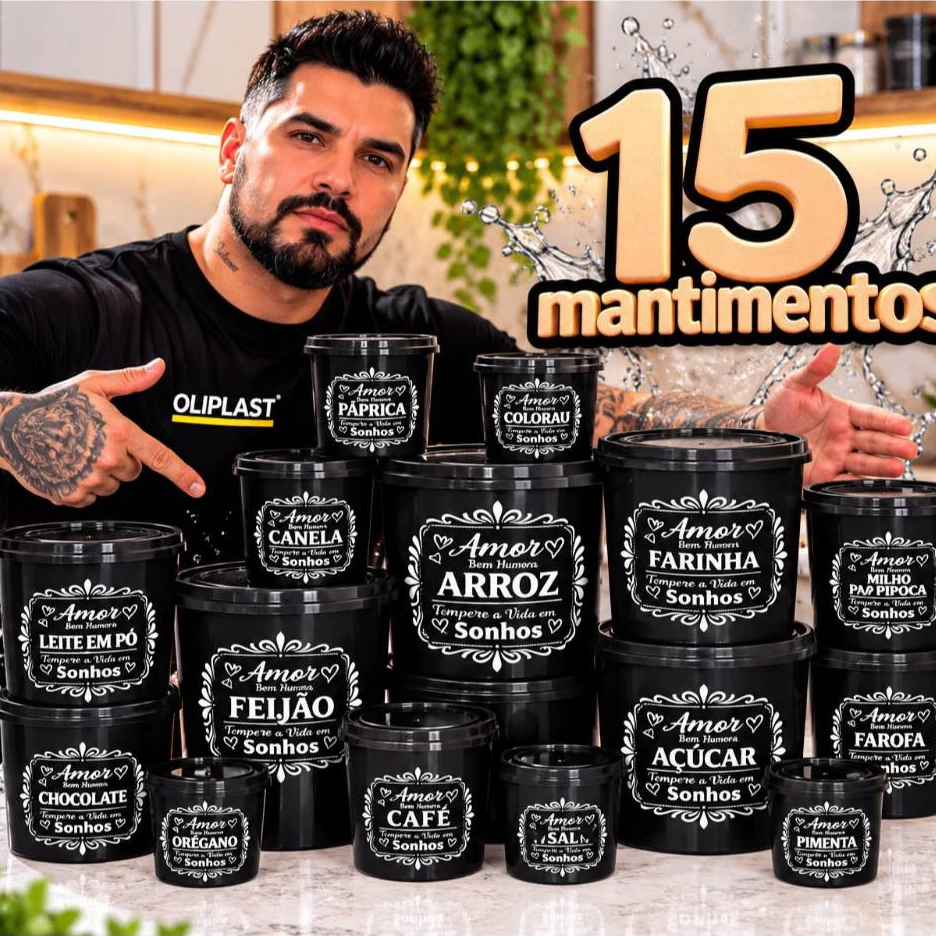 KIT 15 PEÇAS POTES DE MANTIMENTOS PRETO PARA COZINHA ORGANIZADOR DE ALIMENTOS