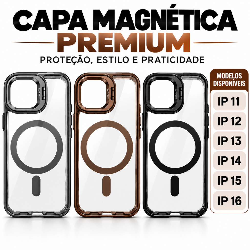 Capinha Capa Transparente MagSafe Magnética Premium com Suporte de Câmera Película de Lente iPhone 11 12 13 14 15 16