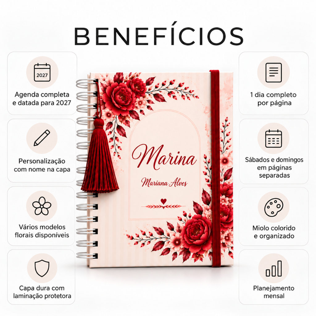 Agenda 2027 Personalizada Com Nome Floral Completa 1 Dia Por Página Diária Fim De Semana Vários Modelos — imagem 2 de 2