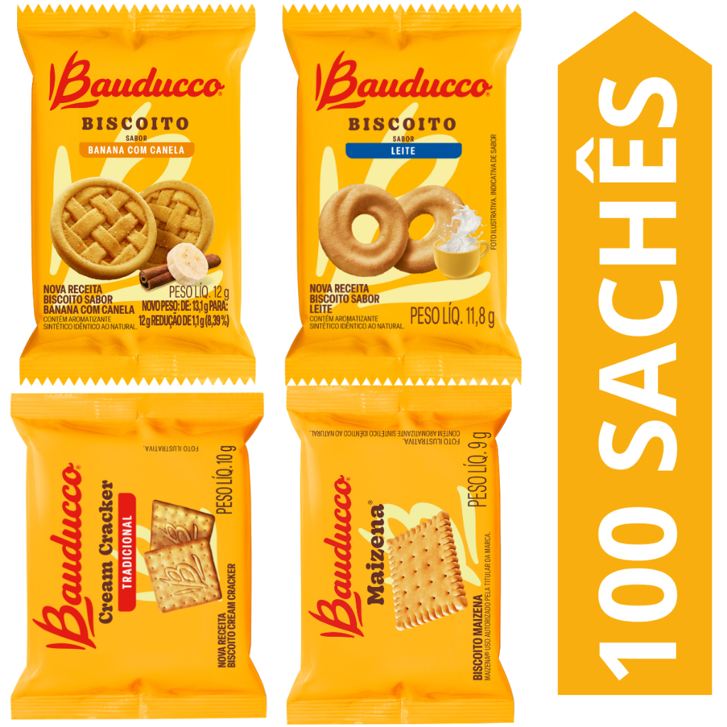 Kit 100 Sachês Biscoito Bauducco Sabores Leite, Banana Com Canela, Cream Cracker, Maizena