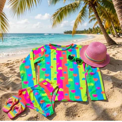 Biquíni Infantil Menina Manga Longa Estampado Praia Piscina Proteção Solar Confortável Kids Verão