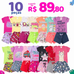 Kit 10 Peças Roupas Infantil Menina Sortido Verão - 5 Camisetas + 5 Shorts - Criança Feminina