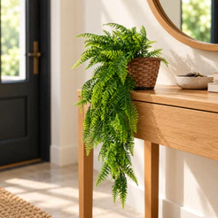 Kit Planta Decorativa: Vaso Trançado Marrom + Pendente Artificial Folhas De Samambaias