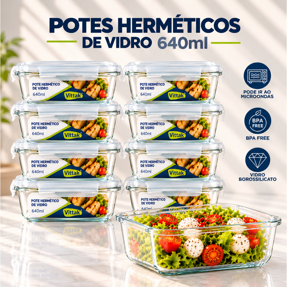 Vittak Kit Potes De Vidro 640ml Hermético Retangular Marmita Fit Com Tampa 4 Travas - 2, 3, 4, 5 e 10 Unidades