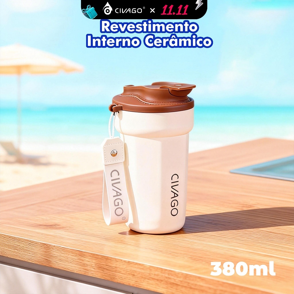 CIVAGO Copo Térmico 380ml inox Portátil com Revestimento Interior Cerâmica Quente/Frio Antivazamento