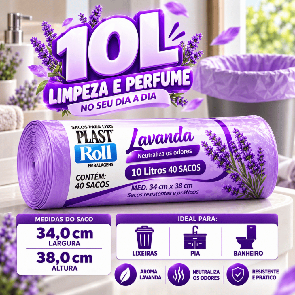 Saco de Lixo Lavanda Perfumado 10L Pia e Banheiro 40 Saquinhos Anti Odor Insetos Neutraliza Odores