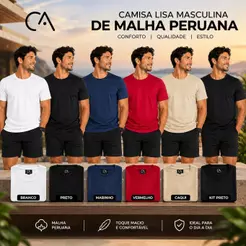 T-Shirt Camisa Lisa Masculina Malha Peruana 96% Algodão 4% Elastano Camiseta Básica P ao GG