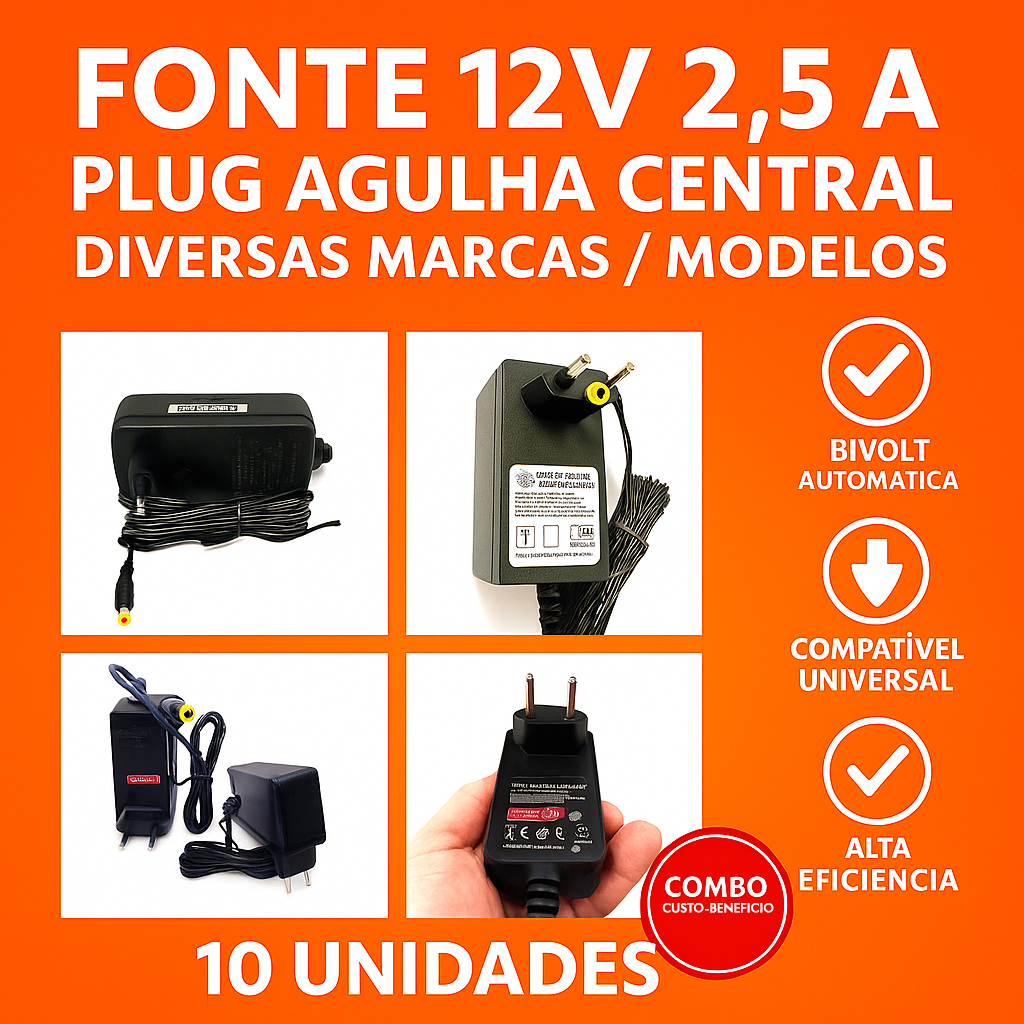 Kit 10 Fontes 12V 1,25A, 1,5A 2,5A Pino Agulha Usadas Sky Net Claro CFTV - Testadas e Funcionando