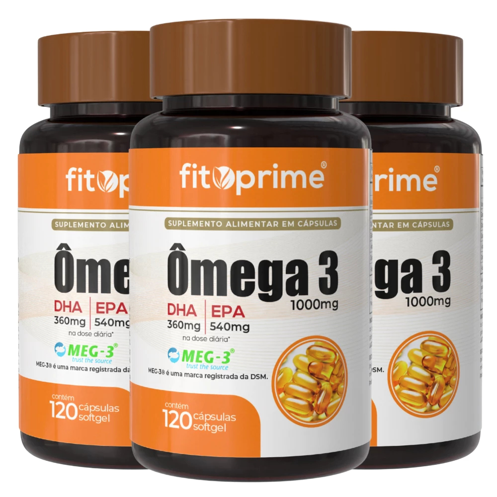 Kit 3X Ômega 3 Certificado MEG-3 - 1000mg de Óleo de Peixe Rico em EPA e DHA