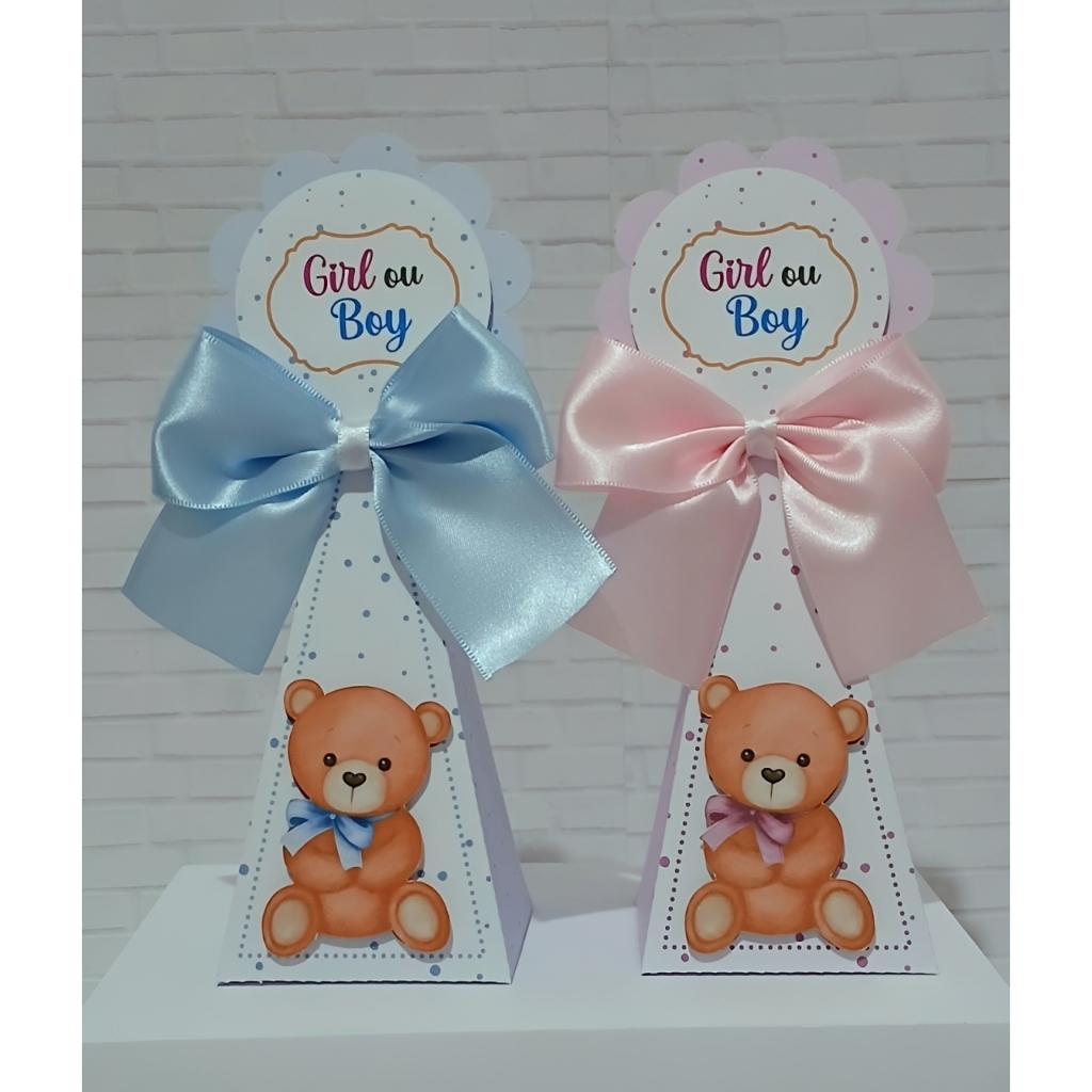 Caixa Pirâmide Lembrancinha Chá Revelação Ursinho Azul e Rosa com Laço Cetim – Personalizada