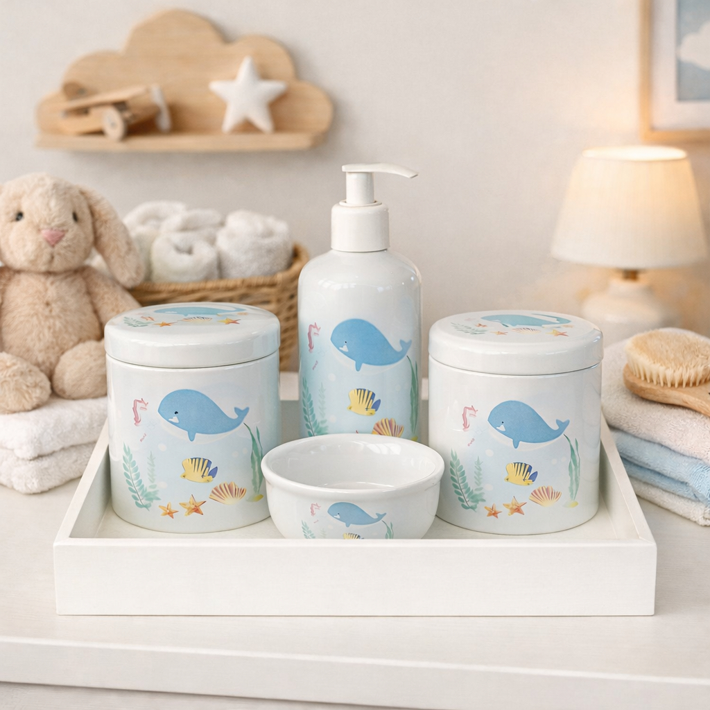 Kit  Higiene Bebe Fundo Do Mar Baleia Azul Porcelana em Oferta na Shopee