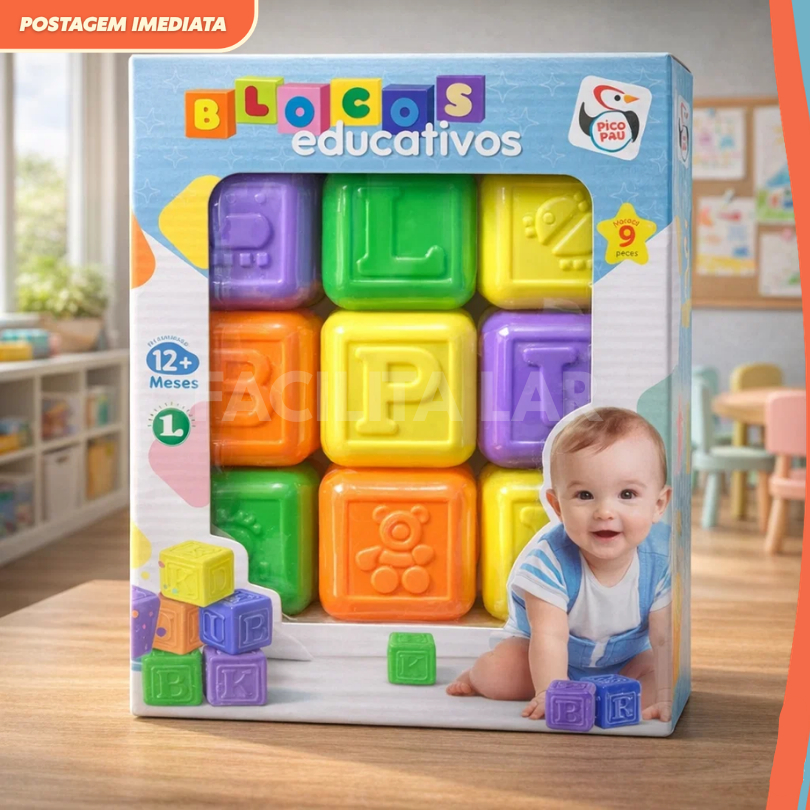 Blocos Educativos Infantil 9 Peças Coloridas Letras Alto Relevo 12+ Meses Didático