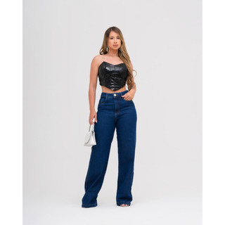 Calça Feminina Jeans Escura Tecido Premium Cintura Alta Premium