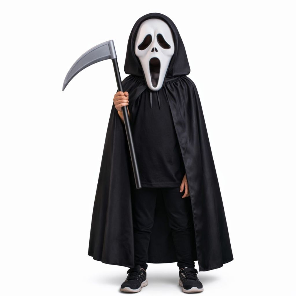 Kit Fantasia Infantil Halloween Festa Meninos Capa Máscaras Pânico Máscaras Pânico Cosplay Ghostface Terror Horror Foice