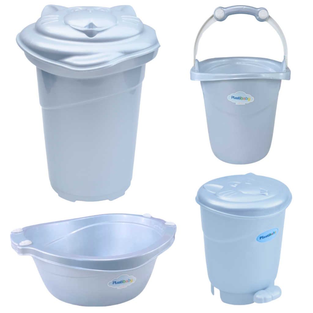 Kit 4 Peças Com Cesto de Roupas ou Banheira de Bebê Plastibaby Com Bacia, Balde e Lixeira Infantil