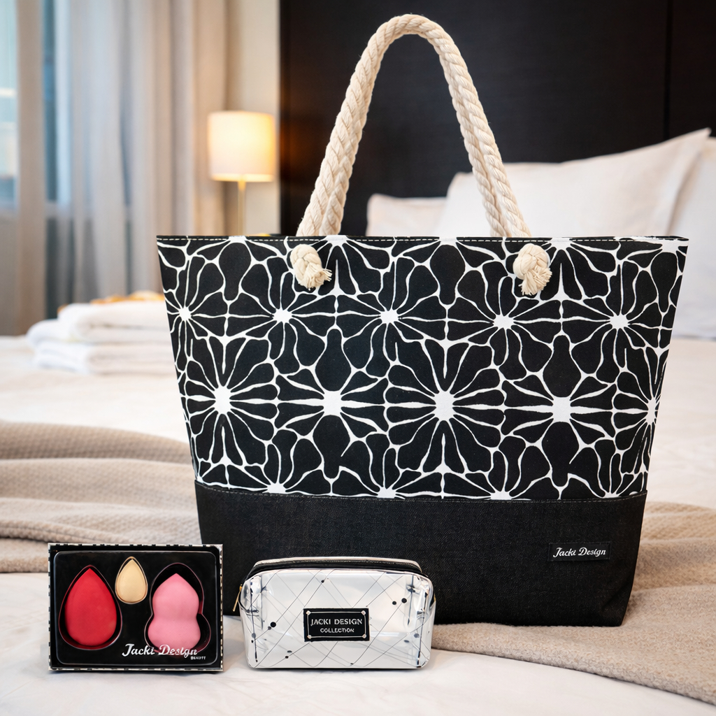 Kit Bolsa de Praia, Necessaire Transparente, Trio de Esponjas  - Jacki Design em Oferta na Shopee