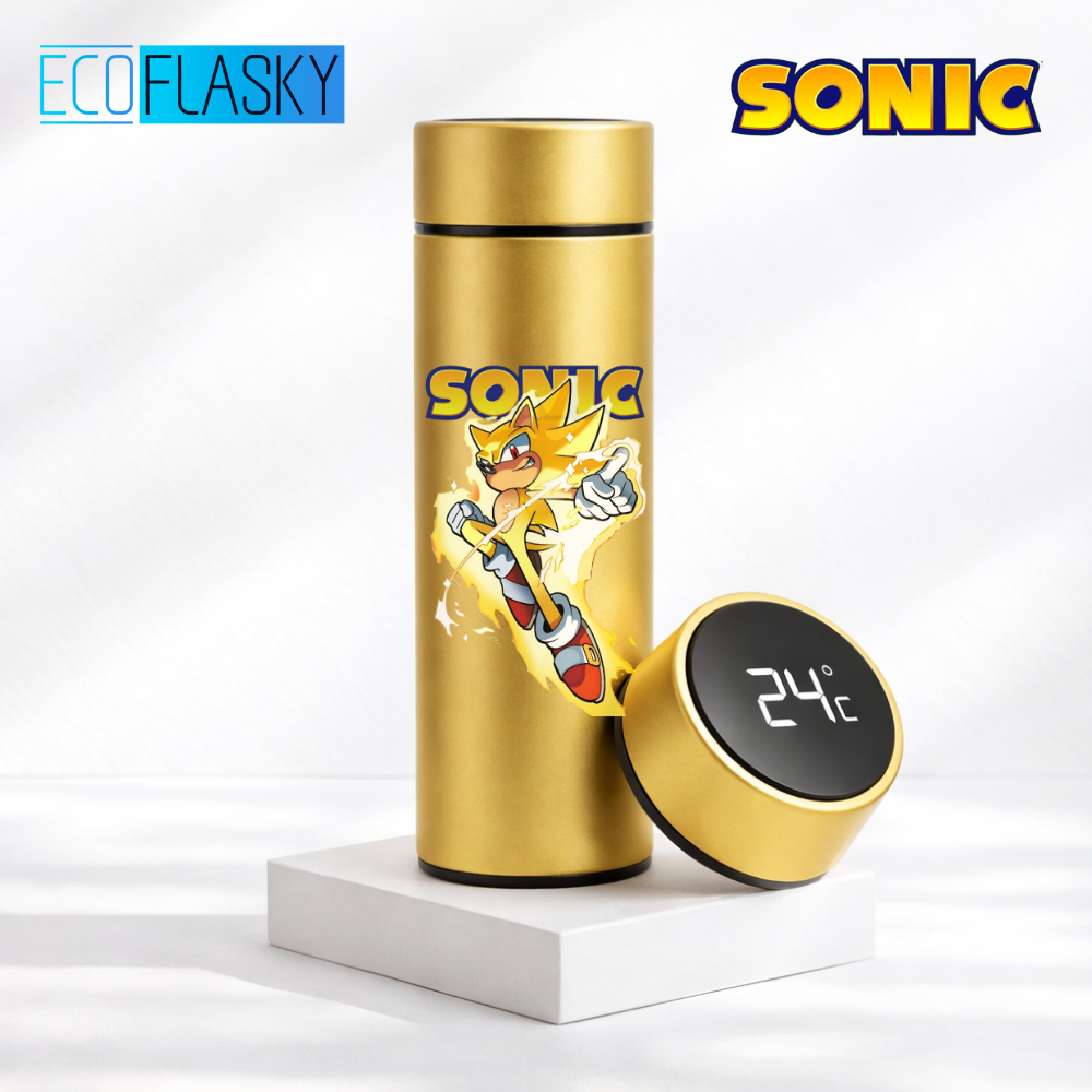Garrafa Térmica de Água Aço Inoxidável Super Sonic Turma de Sonic Termometro LED Digital Estampada 500ml