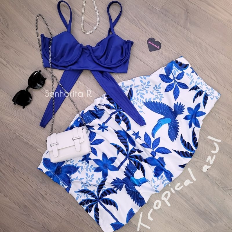 LANÇAMENTO Conjunto Saia e Cropped top Aro Estampado estampa borboleta rosa tropical verão moda paty feminina midi curto em Oferta na Shopee