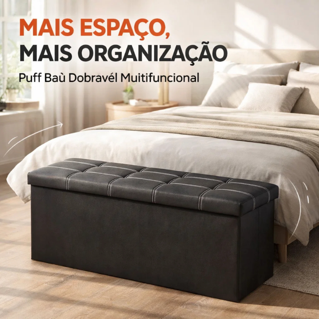 Puff Baú Dobrável Para Apoiar os Pes Organizador Porta Objetos Estofado Couro Sintético Multifuncional Quarto Sala