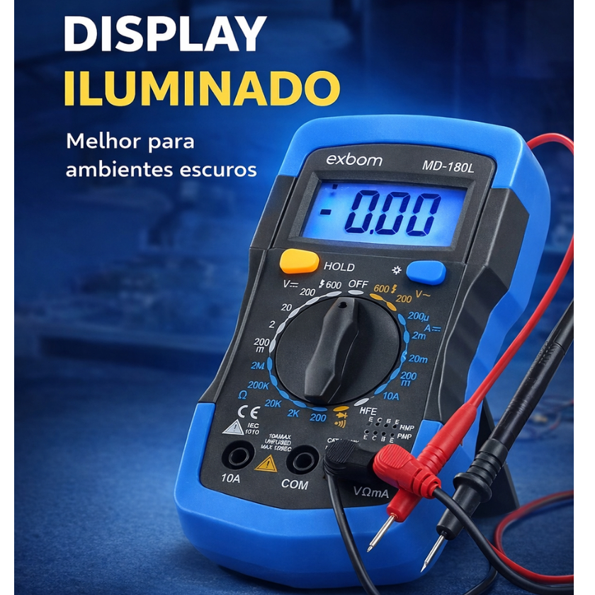 Multímetro Digital Profissional Portátil com Bipe Exbom Original 180 Litros tela LCD