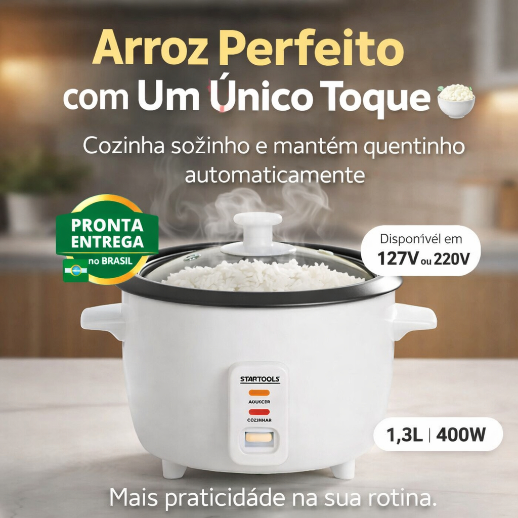 Panela de Arroz Elétrica 1,3L Antiaderente com Vapor 400W Branca – Função Aquecer 220V/127V