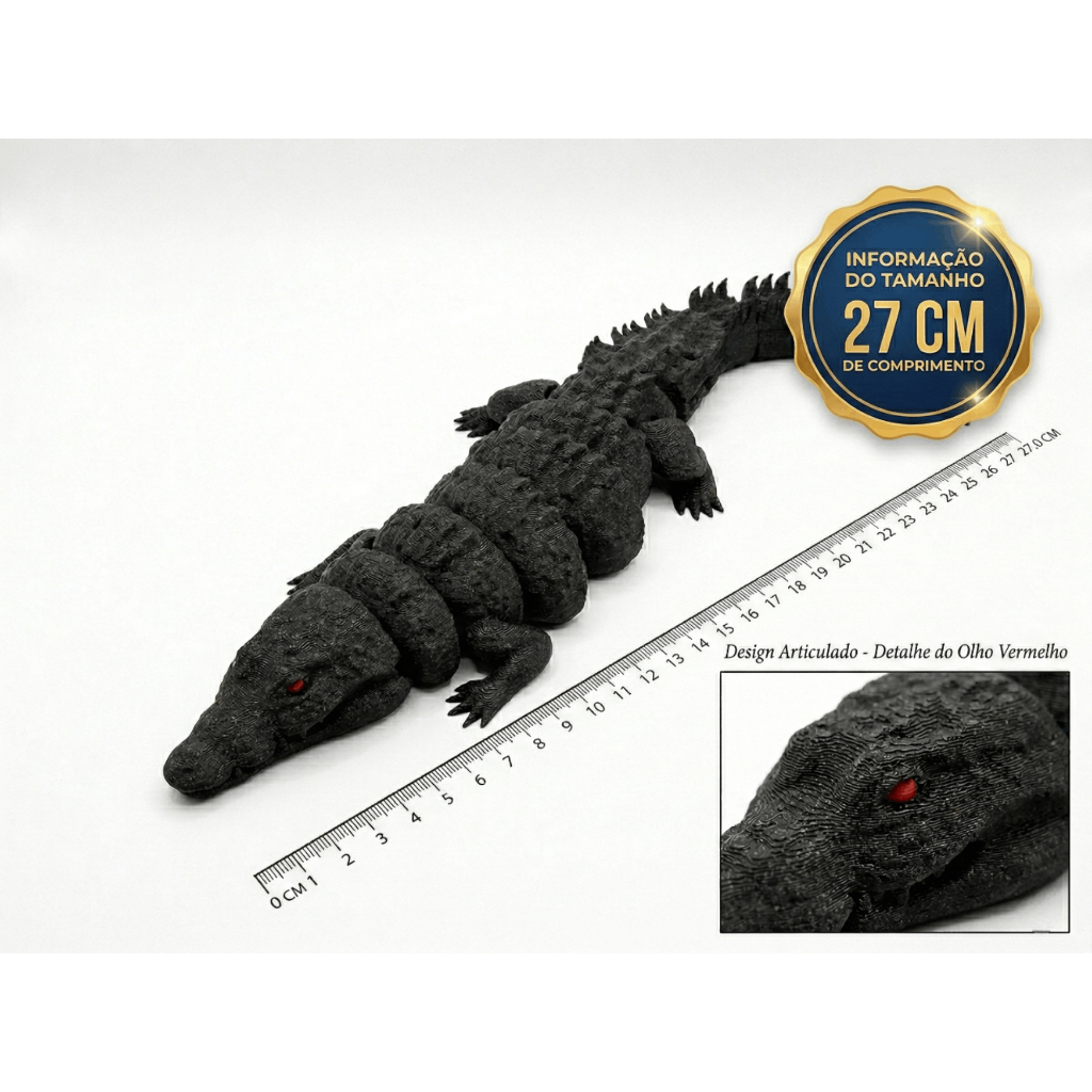 Jacaré Crocodilo Articulado Realista 27cm - Impressão 3D Premium - Decoração e Brinquedo Colecionável Alligator Negro