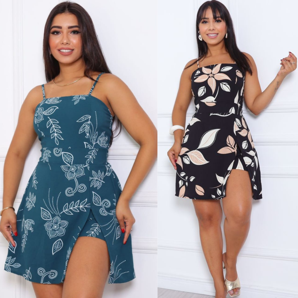 Macaquinho Feminino Saia Short Decote Quadrado Alça fina Lastex Na Costas c/ Bojo Moda Verão