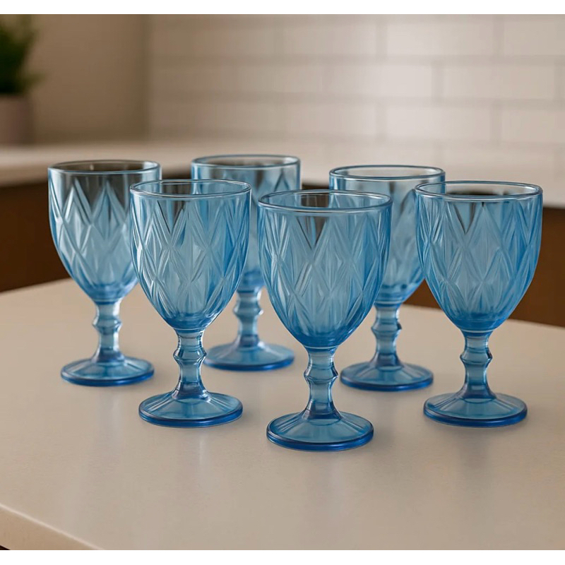 Jogo 12 Taças Vidro Diamond Azul 330ml Conjunto Kit Copos Pesado Taça Elegante Lapidada Água Suco Milk Shake Decorativo