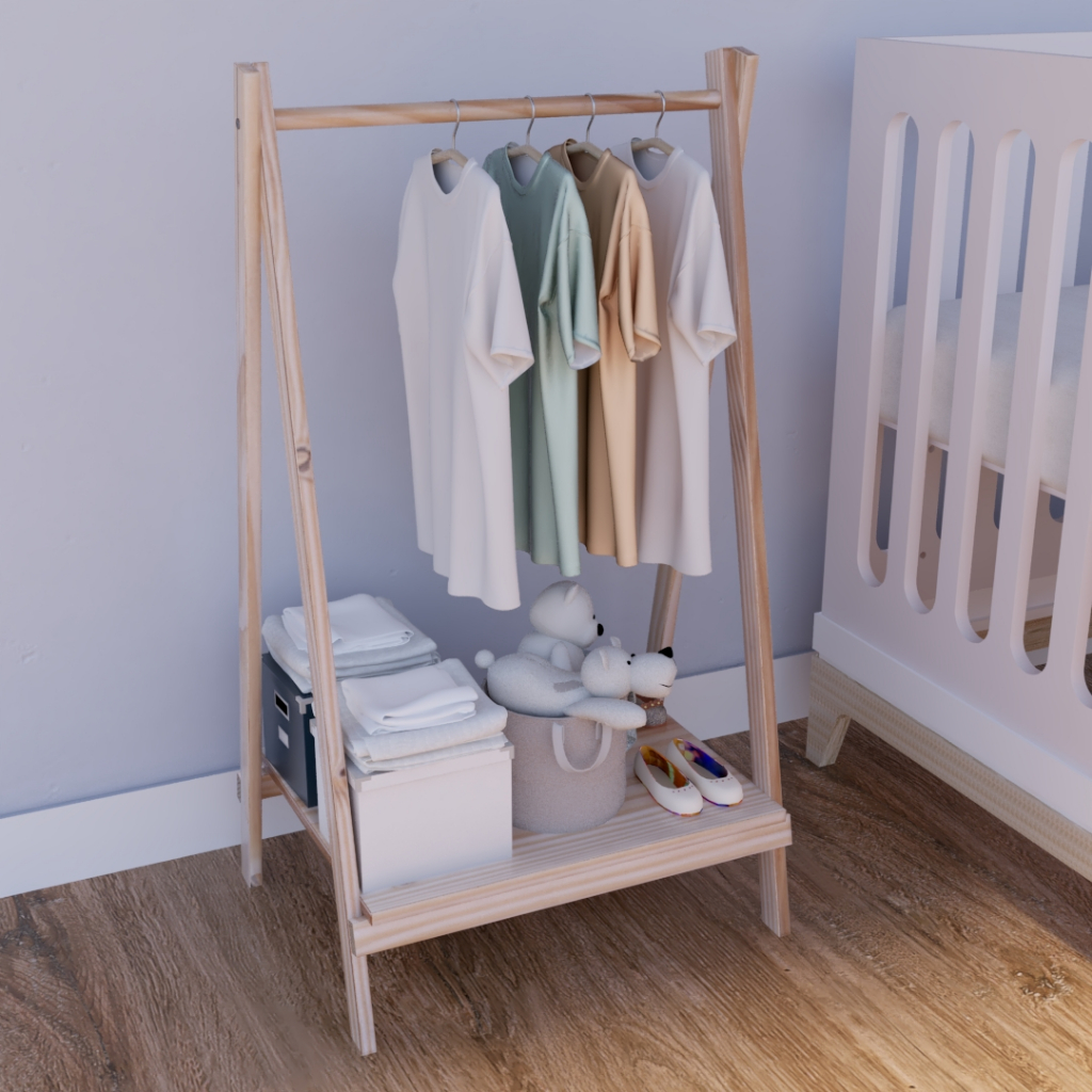 Arara Infantil de Madeira com Prateleira Cabideiro Organizador para Quarto de Criança Estilo Montessori