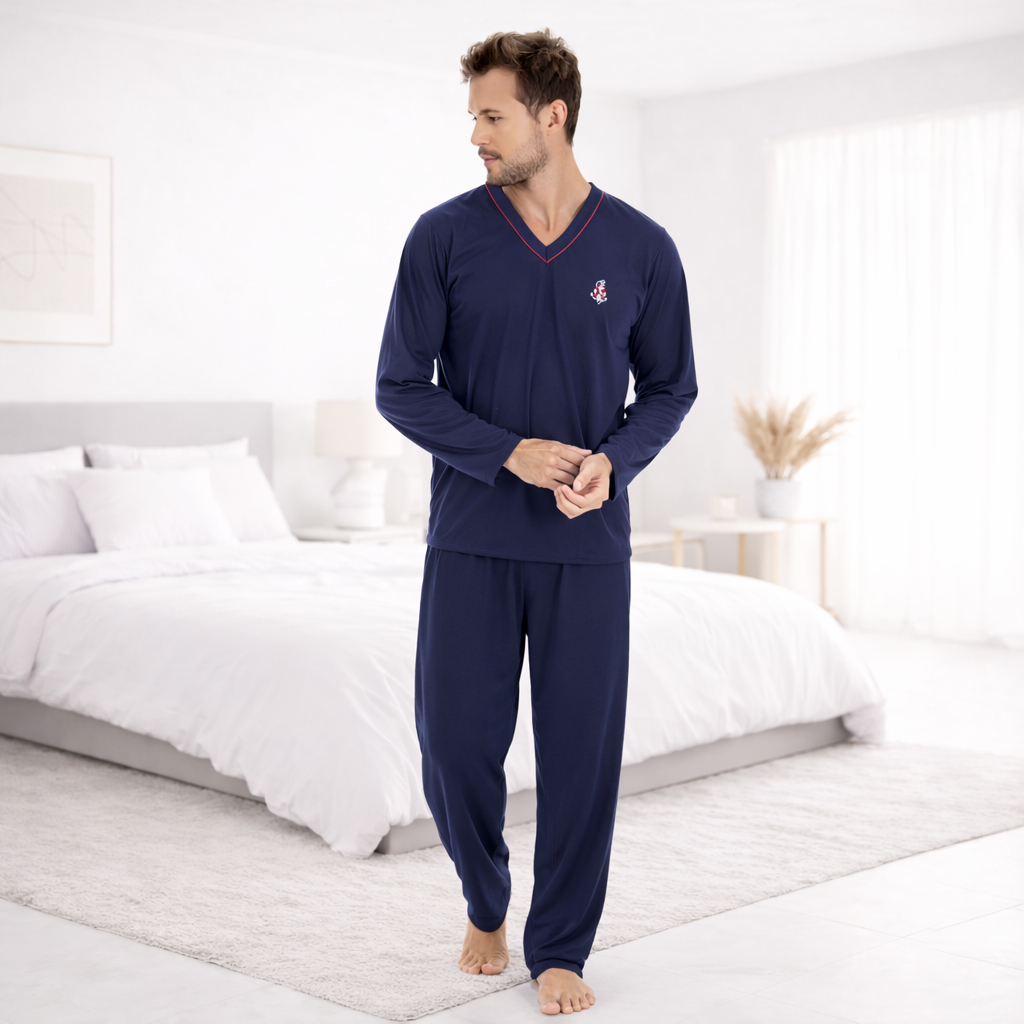 Pijama Masculino Adulto de Inverno Manga Longa Calça Comprida Homem em Malha Lisa