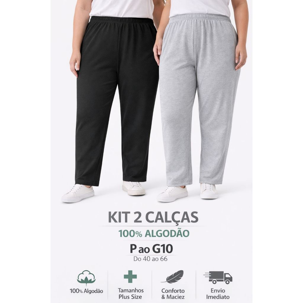 Kit 2 Calças Plus Size Confortável Algodão Premium Alta Qualidade Tamanhos P ao G10 em Oferta na Shopee