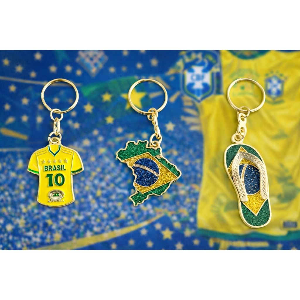 Chaveiro Brasil Futebol Camisa 10 Mapa e Chinelo Verde Amarelo Metal Resistente Kit 1 ou 3