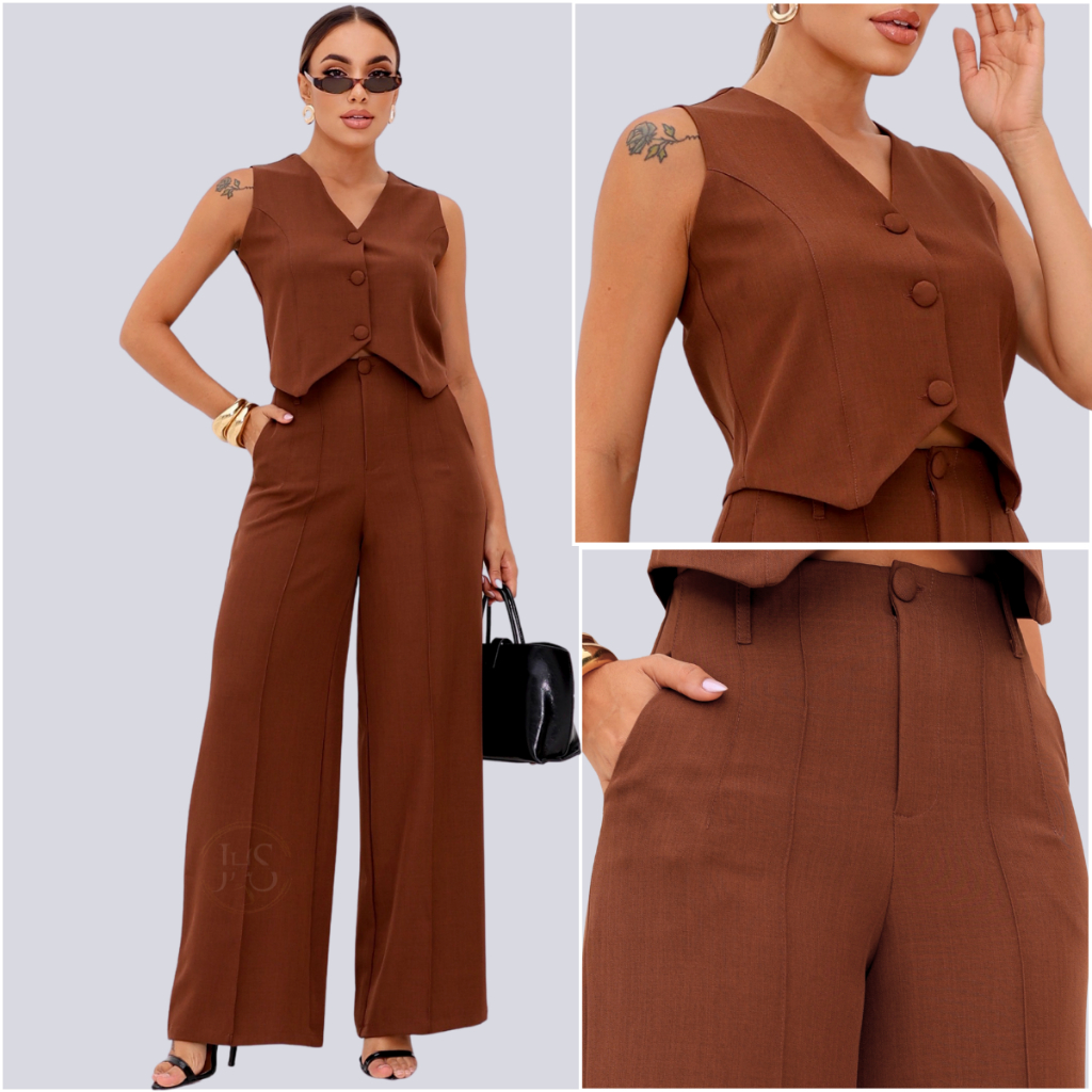 Conjunto Alfaiataria Feminino Colete/ Calça Pantalona Social Elegante Luis Twill Trabalho Empresaria