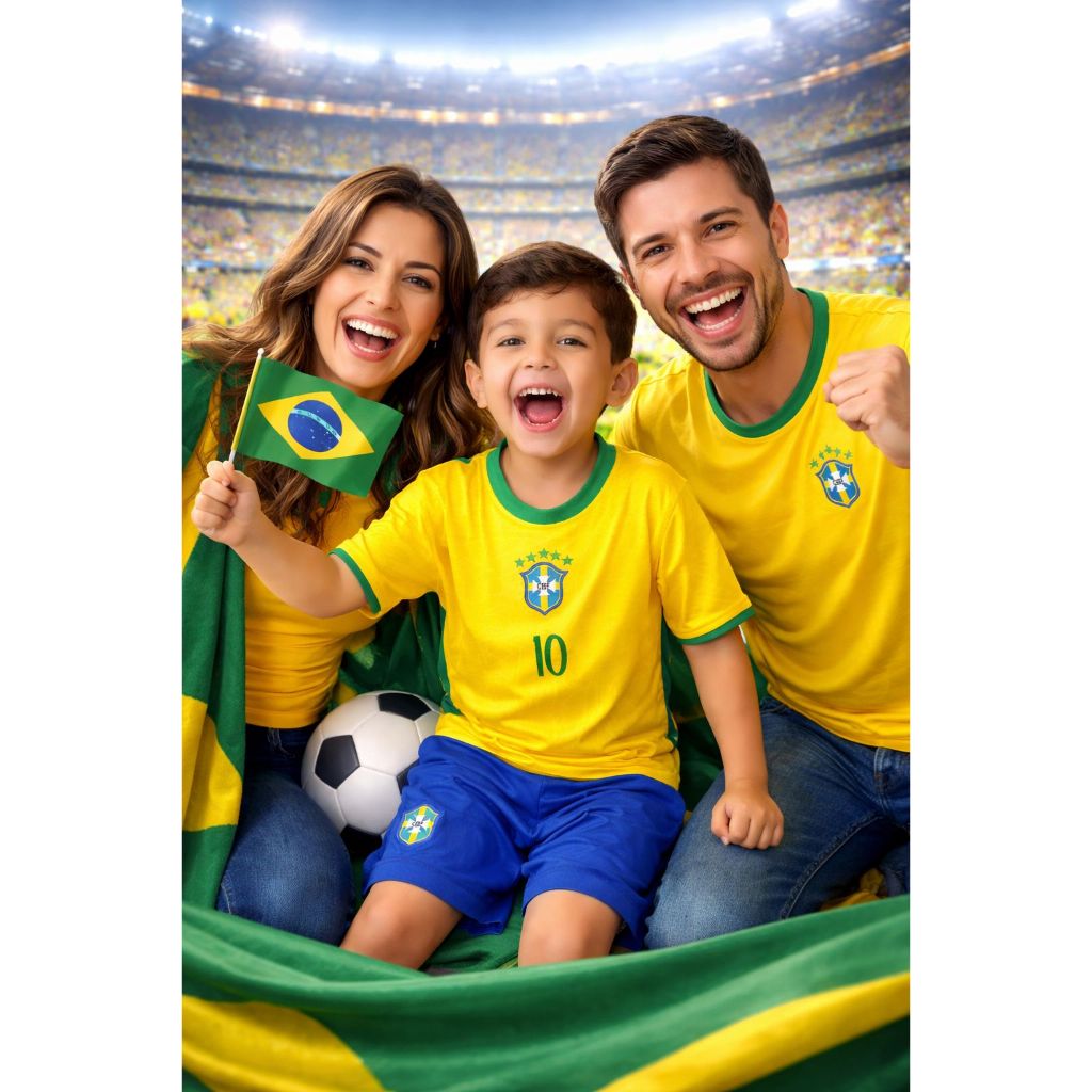 Conjunto Brasil Amarelo e Verde Camisa + Shorts Infantil Adulto Uniforme Torcida Futebol Seleção Brasileira Estilo Copa