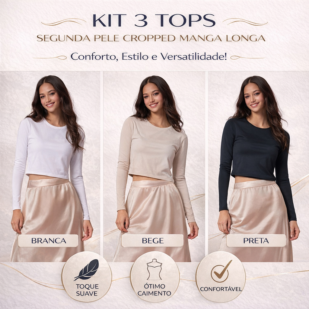 Kit 3 Tops De Manga Segunda Pele Croped