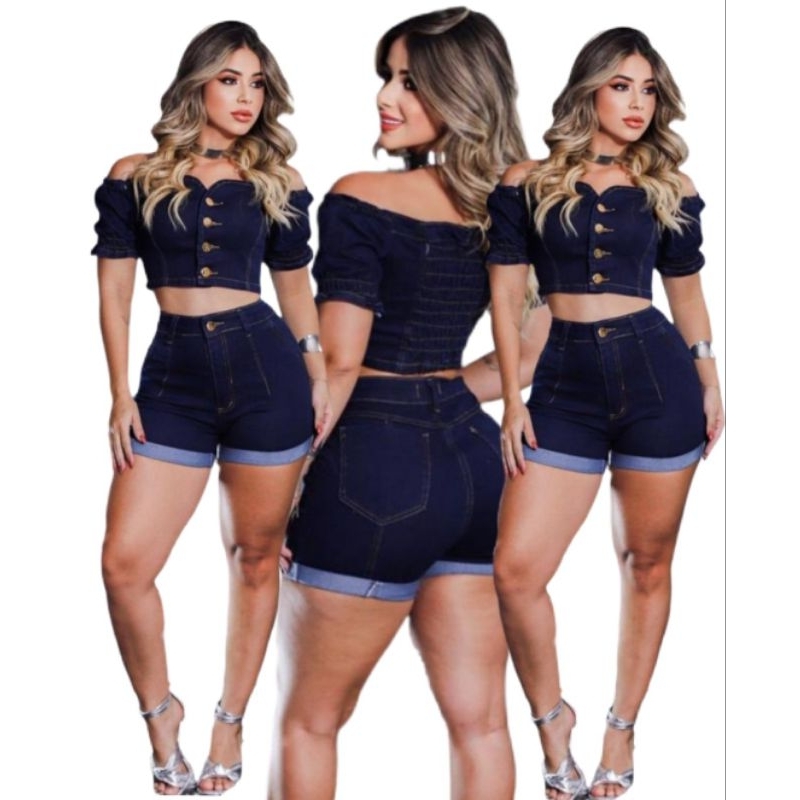 Conjuntos Jeans Feminino Blusa Ciganinha Manga Princesa Shorts Jeans feminino Cintura Alta Verão *42*44