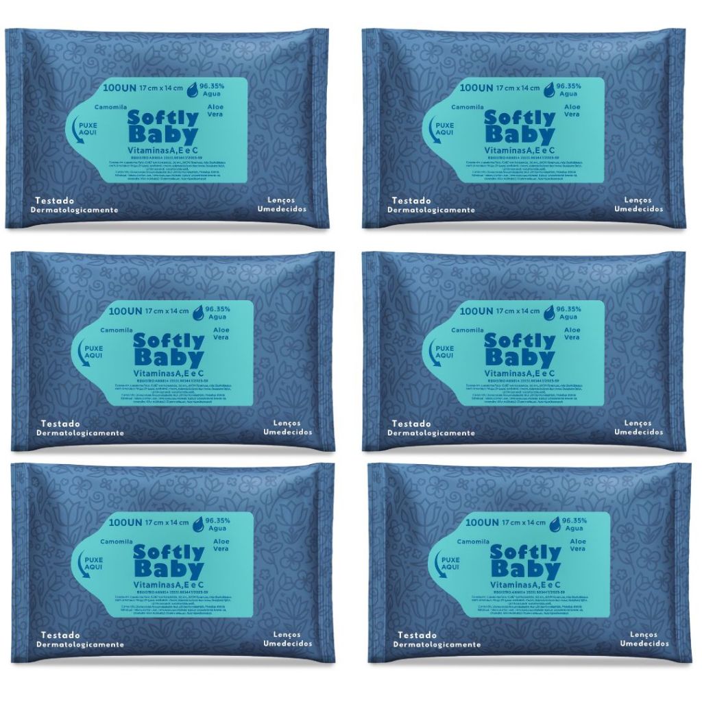 600Un Lenço Umedecido Baby Softly – com Vitaminas A, E, C, Aloe Vera e Camomila (6 pacotes )