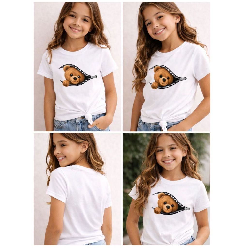 T-shirt Blusa Infantil E Juvenil Estampa Ursinho Look Fashion Leve Style Roupa Confortável