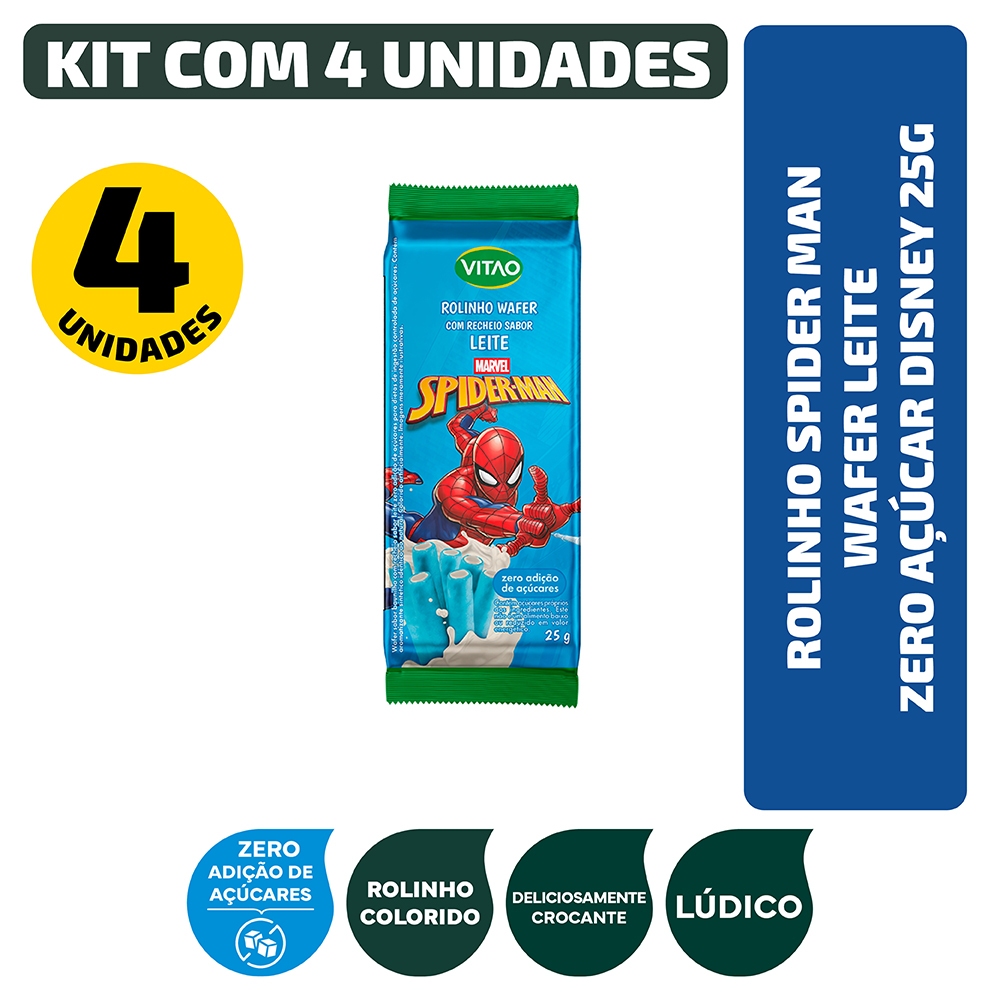 Kit Rolinho Spider Man Wafer Leite Zero Açúcar Disney 25G - 4 unidades