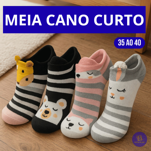 Kit Até 24 Pares de Meias Soquete Bichinho Adulto Feminina Estampada em Oferta na Shopee