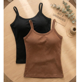 Kit 2 Blusa Regata Feminina Canelada Alcinha Blusinha Bojo Básica Casual Alça Fina Dia A Dia em Oferta na Shopee