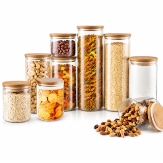 Kit 9 Potes De Vidro Com Tampa De Bambu Hermético Quadrado Transparente em Oferta na Shopee