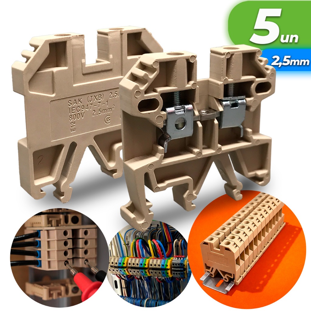 Kit 5 Conector Borne Sak 2,5mm Bege Conector Borne de Passagem Elétrico Fixação Trilho Din Atacado