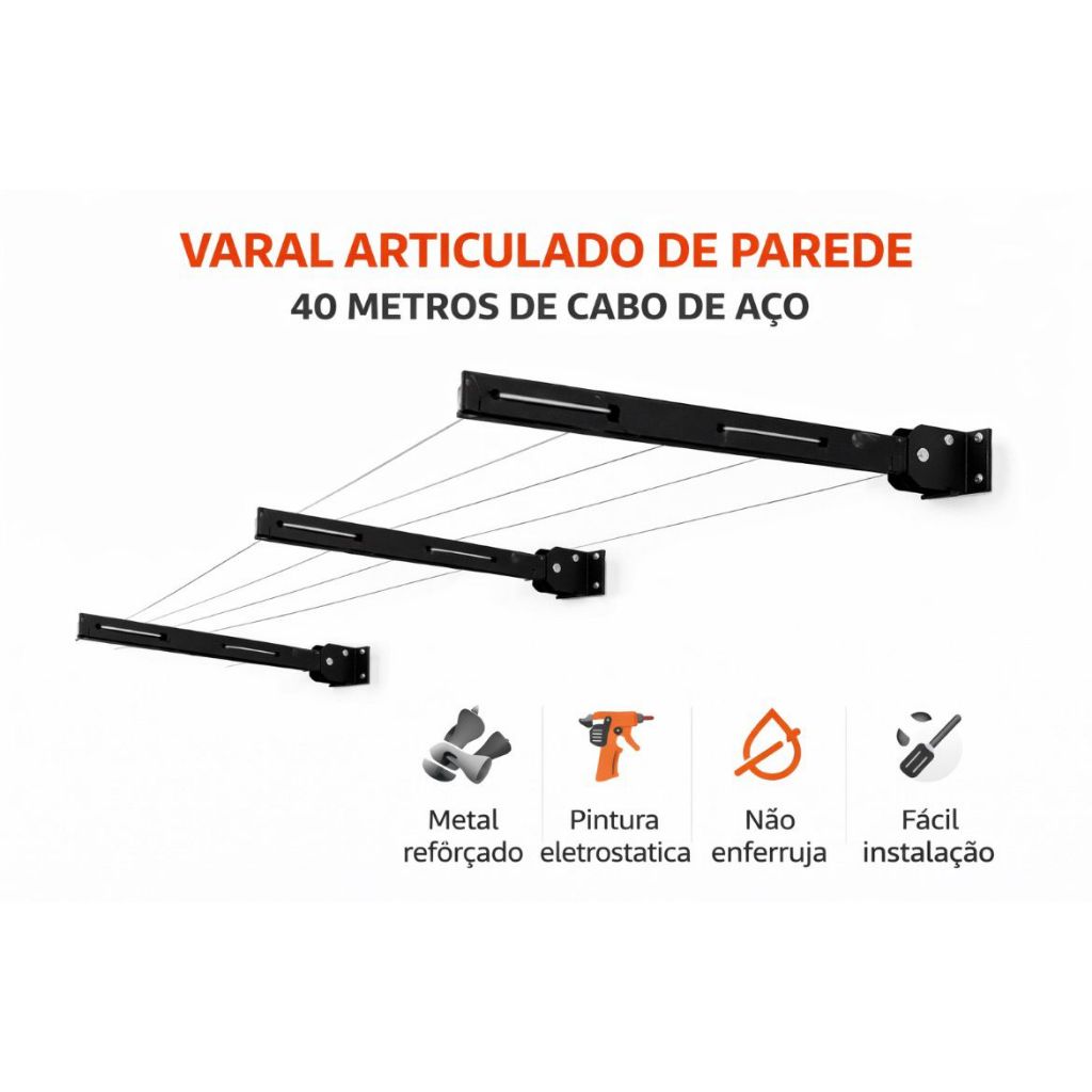 Varal Retrátil De Parede Articulado 40m Cabo Aço Reforçado Lavanderia Varanda Aguenta 60kg em Oferta na Shopee