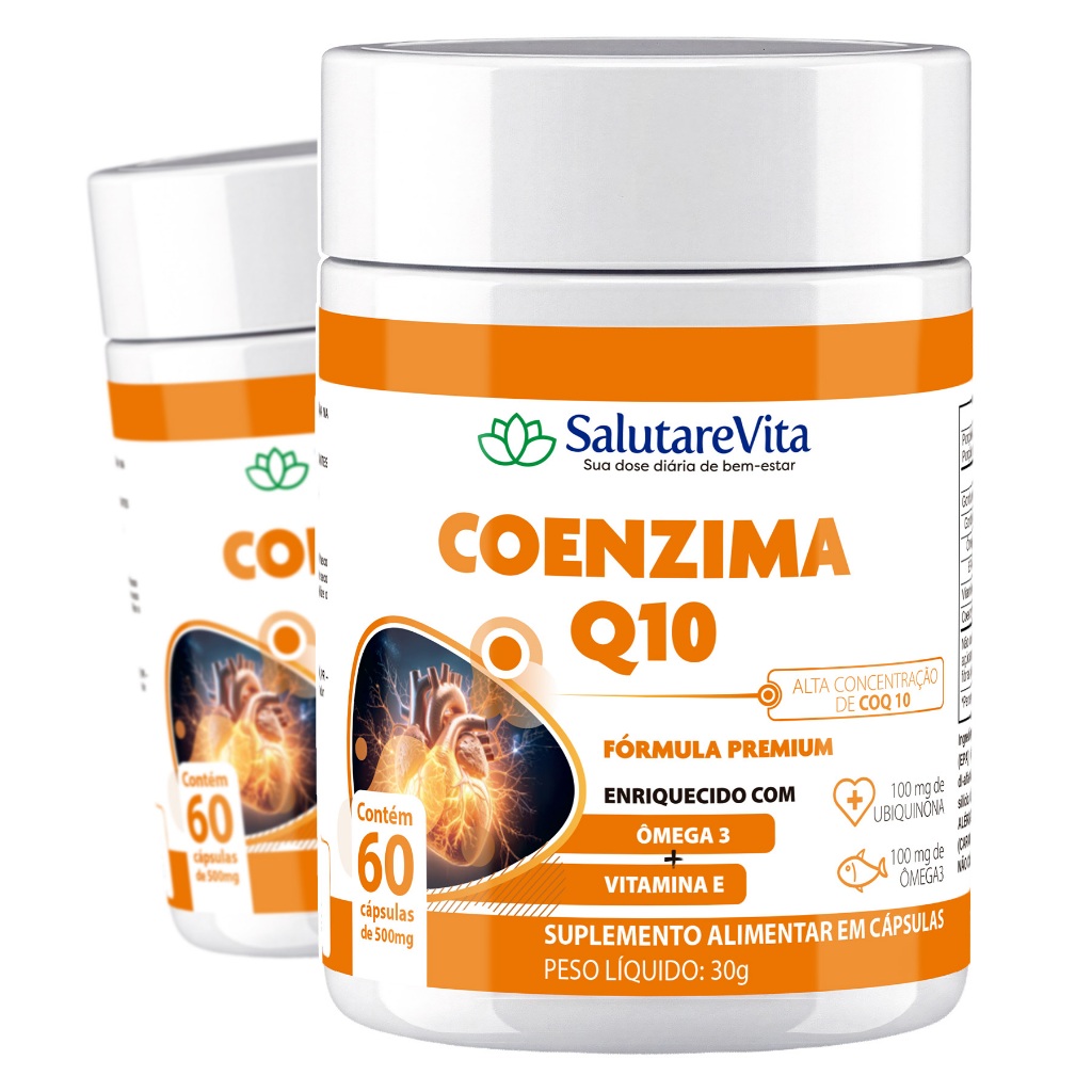 2x Coenzima Q10 100mg 30 doses Ubiquinona CoQ10 c/ Omega 3 + Vitamina E | 60 cápsulas