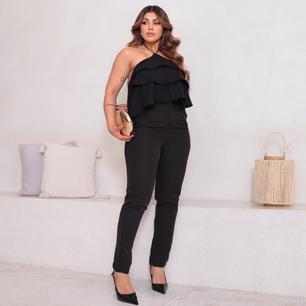 Calça Alfaiataria Cintura Alta Modelo Zara Casual Elegante com zíper Moderno Premium