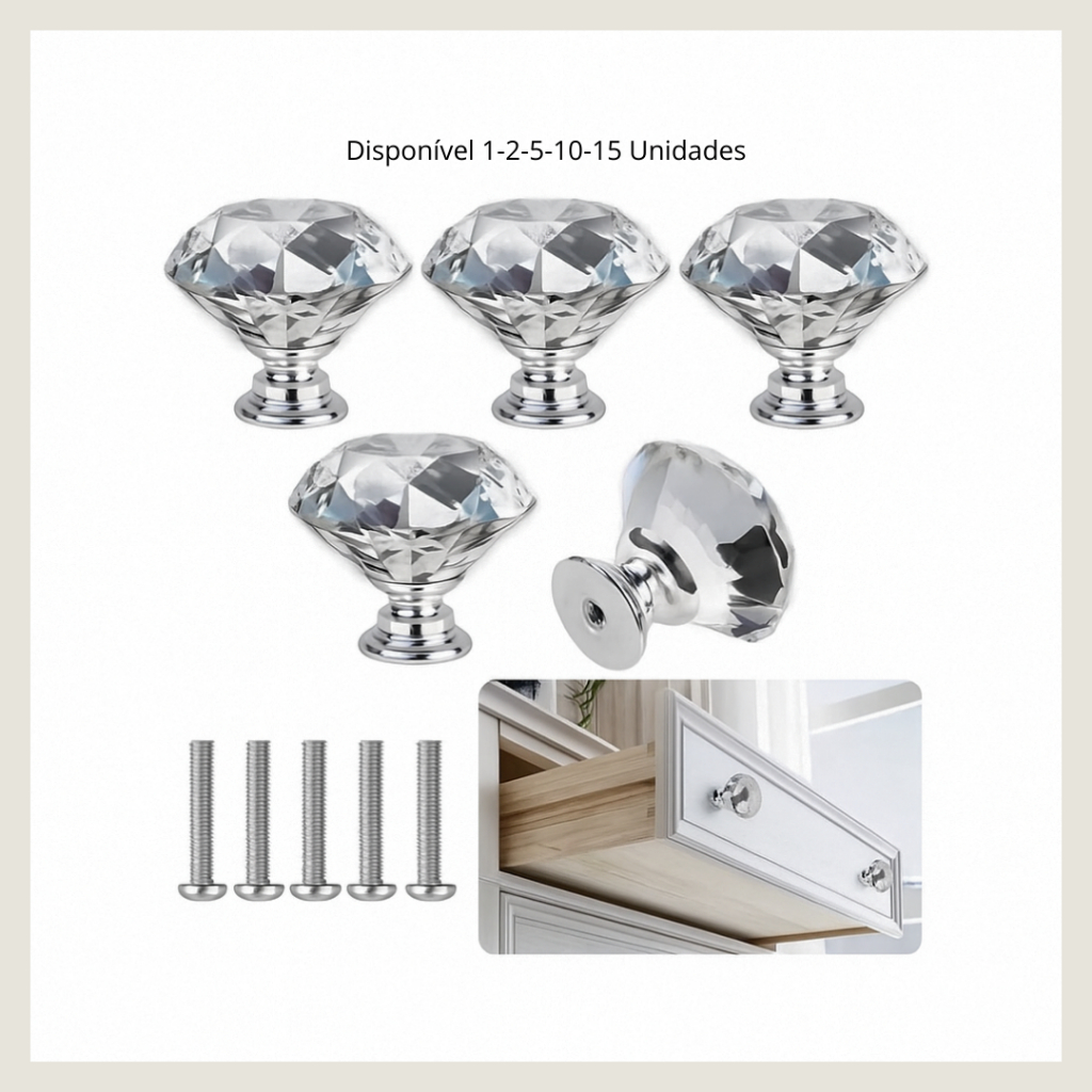 Puxador Gaveta Armário Diamante 20mm Decorativo Kit com 1/2/5/10/15  Unidades