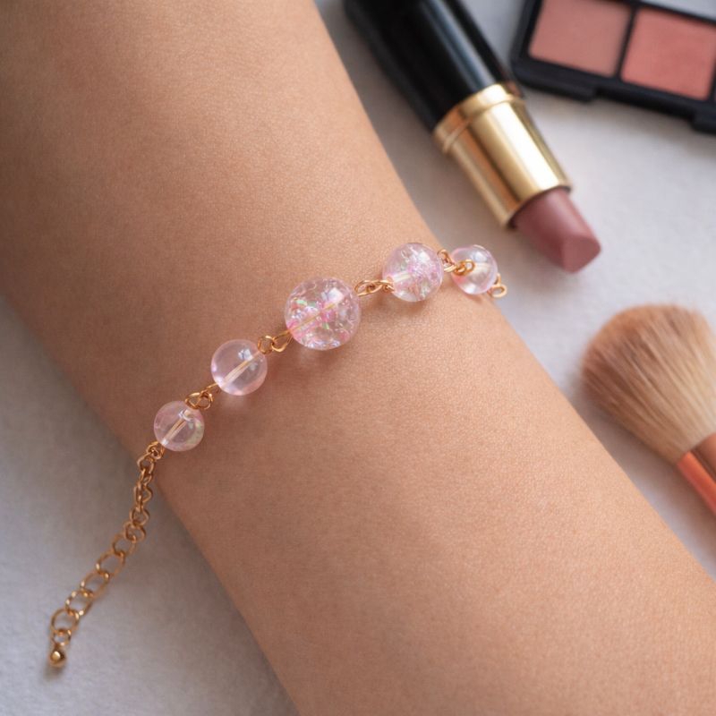 Pulseira Feminina Dourada com Esferas Rosa boreal Ajustável Delicada