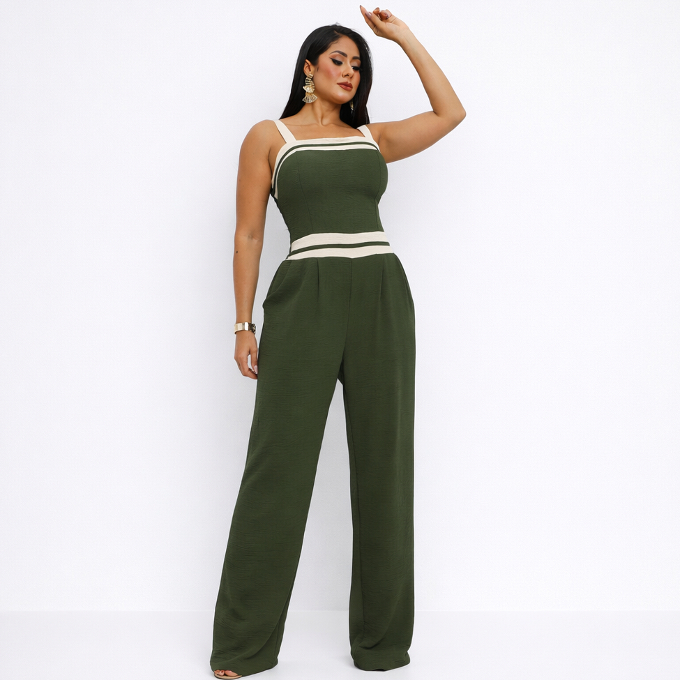 Macacão Feminino Pantalona de Alça Duna Longo Social Elegante com Elastico nas Costas e Bo...